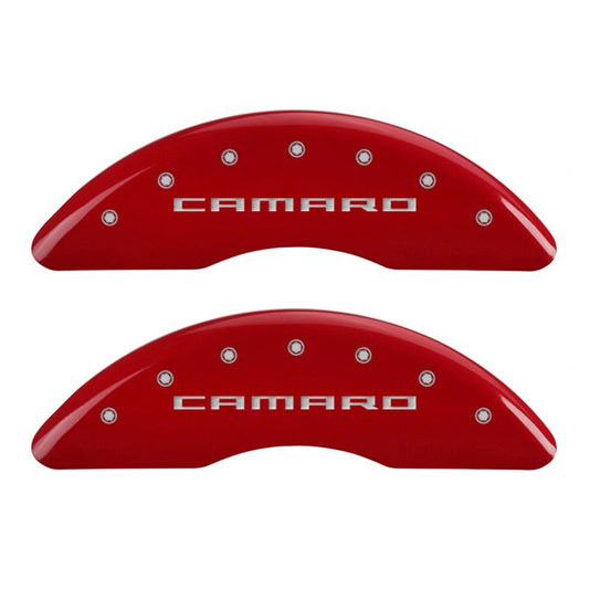 MGP 4 Caliper Covers Engraved Front Gen 5/Camaro Engraved Rear Gen 5/SS Red finish silver ch